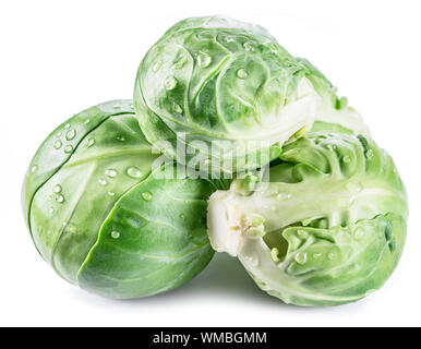 Grüner Rosenkohl mit Wassertropfen auf sie isoliert auf weißem Hintergrund. Stockfoto