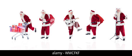 Das zusammengesetzte Bild verschiedener Weihnachtsmänner auf weißem Hintergrund Stockfoto