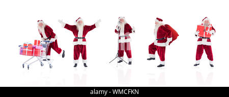 Das zusammengesetzte Bild verschiedener Weihnachtsmänner auf weißem Hintergrund Stockfoto