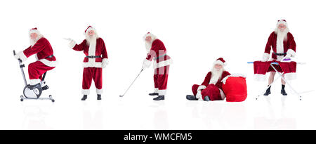 Das zusammengesetzte Bild verschiedener Weihnachtsmänner auf weißem Hintergrund Stockfoto