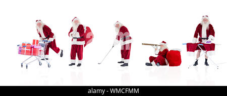 Das zusammengesetzte Bild verschiedener Weihnachtsmänner auf weißem Hintergrund Stockfoto