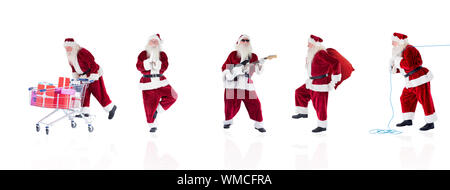 Das zusammengesetzte Bild verschiedener Weihnachtsmänner auf weißem Hintergrund Stockfoto