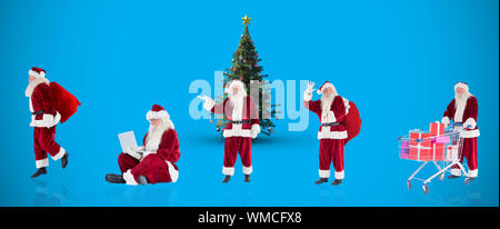Das zusammengesetzte Bild verschiedener Weihnachtsmänner vor blauem Hintergrund Stockfoto