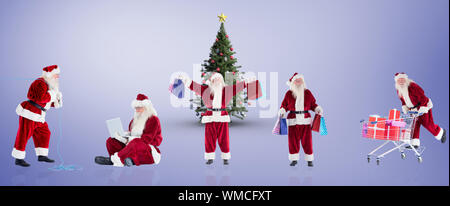 Das zusammengesetzte Bild verschiedener Weihnachtsmänner gegen lila Vignette Stockfoto