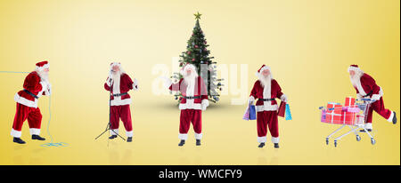 Das zusammengesetzte Bild verschiedener Weihnachtsmänner gegen gelb Vignette Stockfoto