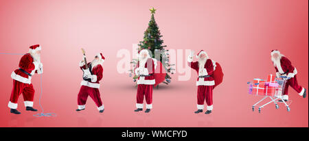 Das zusammengesetzte Bild verschiedener Weihnachtsmänner gegen rote Vignette Stockfoto