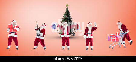 Das zusammengesetzte Bild verschiedener Weihnachtsmänner gegen orange Vignette Stockfoto