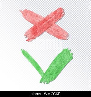 Akzeptanz und Ablehnung Symbol. Grünes Häkchen OK und rotes X Symbole auf transparentem Hintergrund isoliert. Taste für Check liste Markierungen, Optionen, s Stock Vektor