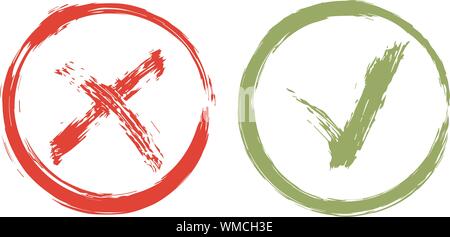 Akzeptanz und Ablehnung Symbol. Grünes Häkchen OK und rotes X Icons isoliert auf weißem Hintergrund. Taste für Check liste Markierungen, Optionen, Übersicht Stock Vektor