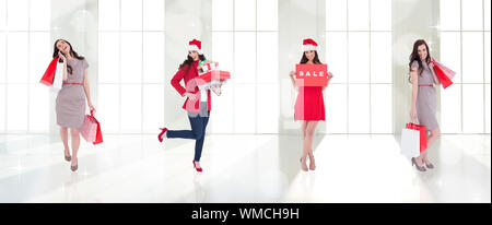 Das zusammengesetzte Bild von verschiedenen eleganten brunettes auf weißem Hintergrund Stockfoto