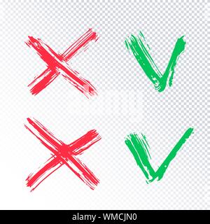 Akzeptanz und Ablehnung Symbol. Grünes Häkchen OK und rotes X Symbole auf transparentem Hintergrund isoliert. Taste für Check liste Markierungen, Optionen, s Stock Vektor
