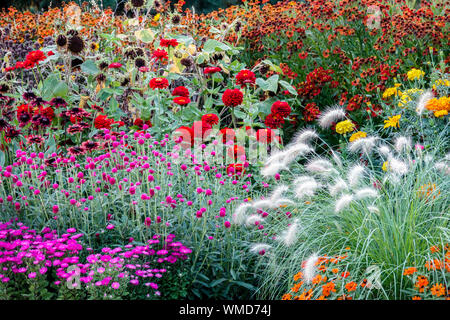 Schöne Blume Garten Blumen Mehrjährige Jährliche Pflanzen Bunte Bett Border Cottage Garten Blumenbeet August Bunte Gemischte Bett Mix Szene Atemberaubend Stockfoto