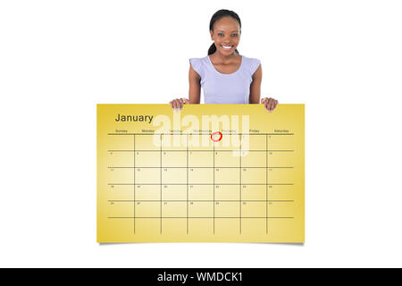 Frau mit Platzhalter in Ihren Händen auf weißem Hintergrund gegen Januar Kalender Stockfoto