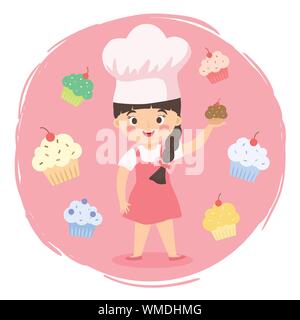 Vector Illustration eines Mädchen mit Chef hat von bunten Cupcakes auf rosa Hintergrund umgeben. Stock Vektor