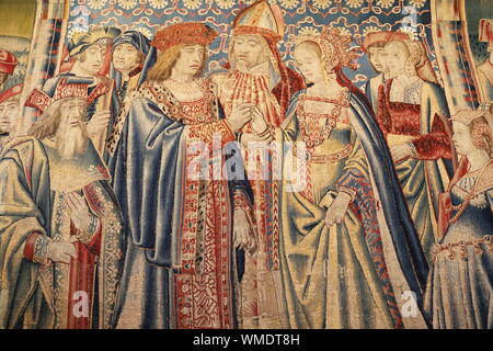 "Ehe der Mary Rose' Tapisserie, "Buch der Stunden" Zimmer, Hever Castle, Hever, Edenbridge, Kent, England, Großbritannien, USA, UK, Europa Stockfoto