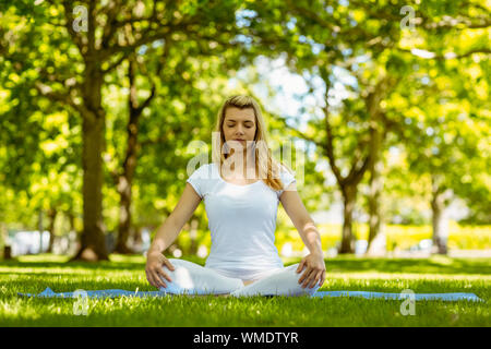 Passen Blondine sitzt im Lotussitz im Park an einem sonnigen Tag Stockfoto