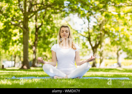 Passen Blondine sitzt im Lotussitz im Park an einem sonnigen Tag Stockfoto