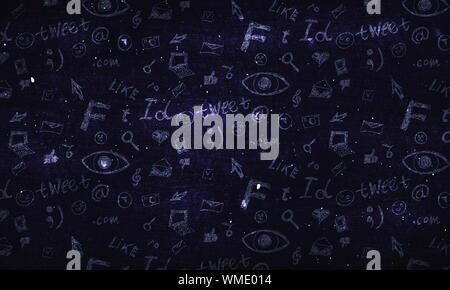 Hintergrund mit Hand gezeichnet social media doodles. Stockfoto