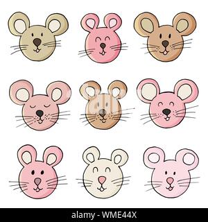 Jahr der Ratte. Symbol des Jahres. Satz von Elementen für Ihr Design. Zeichentrickfiguren. Gesichter der Maus, Ratte Stock Vektor