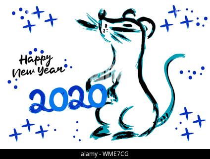 Frohes Neues Jahr 2020. Jahr der Ratte. Symbol des Jahres. Urlaub Flyer, Banner. Kalender, neues Jahr. Pinsel Kalligraphie Stock Vektor