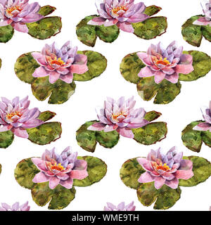 Seerosen Blätter und Blüten nahtlose Muster. Hand zeichnen Aquarell rosa und lila und grün Blumen ornament Stockfoto