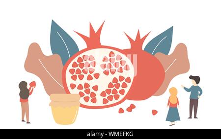 Flache cartoon Vector Illustration für jüdische Feiertag Rosh Hashana mit Granatapfel, Blätter, Honig und kleinen Menschen Stock Vektor