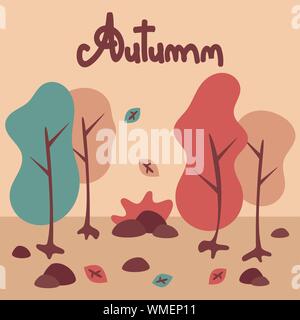 Cute moderne Vektor Herbst Landschaft mit Herbstlaub und Baum in einfachen minimalen trendy Flat Style Stock Vektor