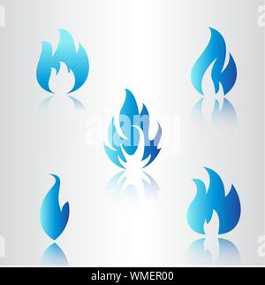 Satz von blue fire Symbole, Flachbild Feuer Flamme Vector Illustration. Sammlung von blauen Flammen oder Lagerfeuer isoliert auf Weiss. Stock Vektor