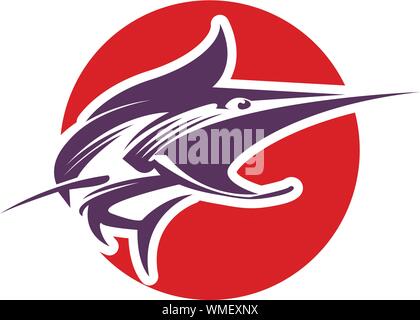 Marlin fischen Logo. Schwert Fisch angeln Emblem für Sport Club. Wütend Marlin Angeln Hintergrund Thema Vector Illustration. - Vektor Stock Vektor