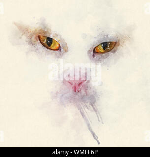 Close up Aquarell Portrait Illustration einer Calico Cat. Stockfoto