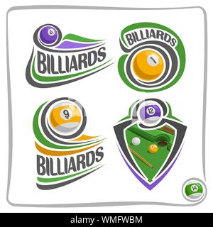 Vektor abstrakte Logo für Billard, Anzeichen für Pool club, gestreifte snooker ball auf grün Billard mit Cue, isolierte Symbole auf Weiß. Stock Vektor