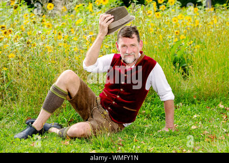 Porträt der schönen bayerischen Mann vor Feld mit Sonnenblumen sitzen Stockfoto