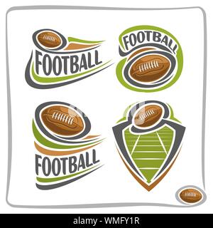 Vektor abstrakte Logo für American Football, Zeichen für Sport Club, einfache braun Fußball-Ball über grünes Feld in Ziel fliegen, isolierte sporting Ikone Stock Vektor