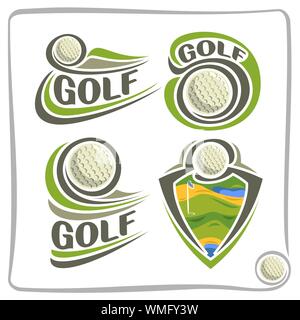 Vektor abstrakte Logo für Golf, Zeichen für Sport Club, einfaches Golf ball Fliegen über grünes Feld, der isolierten sporting Symbole gesetzt. Stock Vektor