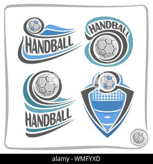 Vektor abstrakte Logo für Handball, Anzeichen für Sport Club, einfache fliegenden Ball auf Blau Gericht über Net, der isolierten sporting Symbole gesetzt. Stock Vektor