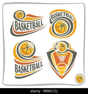 Vektor abstrakte Logo für Basketball, Zeichen für Sport Club, einfache orange Basketball Ball in den Korb mit net Fliegen, isolierte sporting Symbole. Stock Vektor