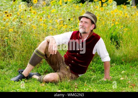 Porträt der schönen bayerischen Mann vor Feld mit Sonnenblumen sitzen Stockfoto