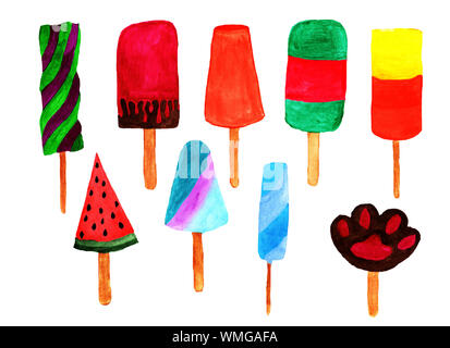 Satz von Eis auf einem Stick mit verschiedenen Aromen und Farben Aquarell Stockfoto
