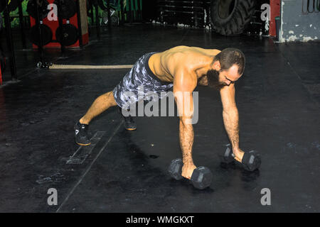 Junge muskulöse Athleten Mann führt Übungen mit Hantel Halfter 15 kg Kunstof handgreep in der Sporthalle. Stockfoto