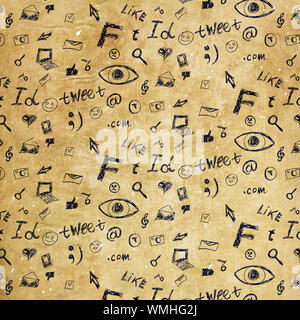 Hintergrund mit Hand gezeichnet social media doodles. Stockfoto