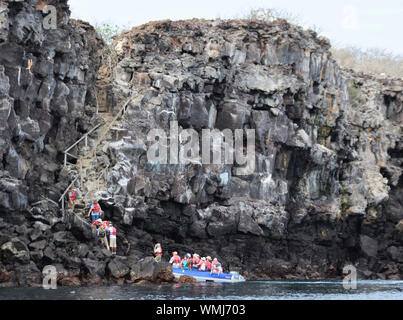 Eine Expedition von Touristen kommen an Isla Genovesa und wird Prinz Phillips Treppe. Stockfoto