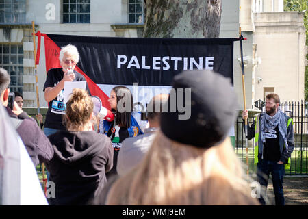 London, Großbritannien. September 2019. Glyn Secker spricht Hunderte an, die mit Schildern und Flaggen versammelt sind, um das spontane Treffen der Führer unter schwerer Polizeiüberwachung anzuprangern Pro-palästinensische Unterstützer in London ziehen sich über die Downing Street 10, um gegen den Besuch des israelischen Premierministers zu protestieren Stockfoto