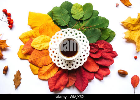 Eine Tasse schwarzer Tee auf dem Hintergrund der bunten Blätter, Eicheln und Rowan Berry. Herbst Design. Stockfoto