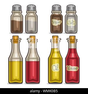 Vector Illustration von Set Glas Schüttler für Salz und Pfeffer, klassischen glänzenden Flaschen mit Olivenöl und Rotwein vinegarl. Stock Vektor