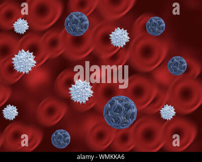 Abstrakte Darstellung von blauer Virus Zellen und roten Blutkörperchen Hintergrund. Stockfoto
