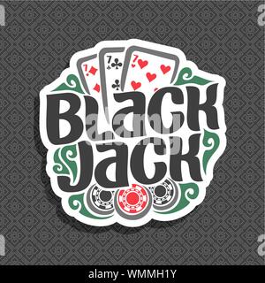 Vektor logo für Black Jack: Drei Karten von 7 verschiedenen Anzüge für das Spiel Blackjack und Chips für Casino. Stock Vektor