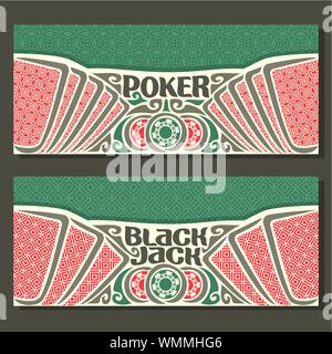 Vektor horizontale Banner für Black Jack und Poker: Spielkarten mit roter Rückseite für Glücksspiel Spiel Blackjack, Chips und Karte auf der grünen Textur Hintergrund. Stock Vektor