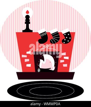 Retro-Kamin mit Weihnachtsstrümpfe (rot und schwarz) Stock Vektor