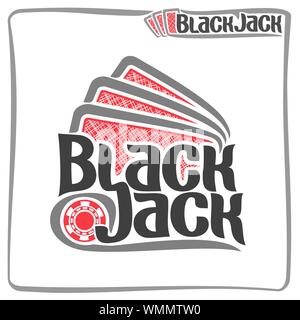 Vektor logo für Black Jack: Drei rote Karten für das Spiel Blackjack und Chip für Casino. Stock Vektor