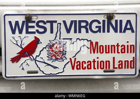 West Virginia License Plate mit einem Design des Staates Blume und Vogel Stockfoto